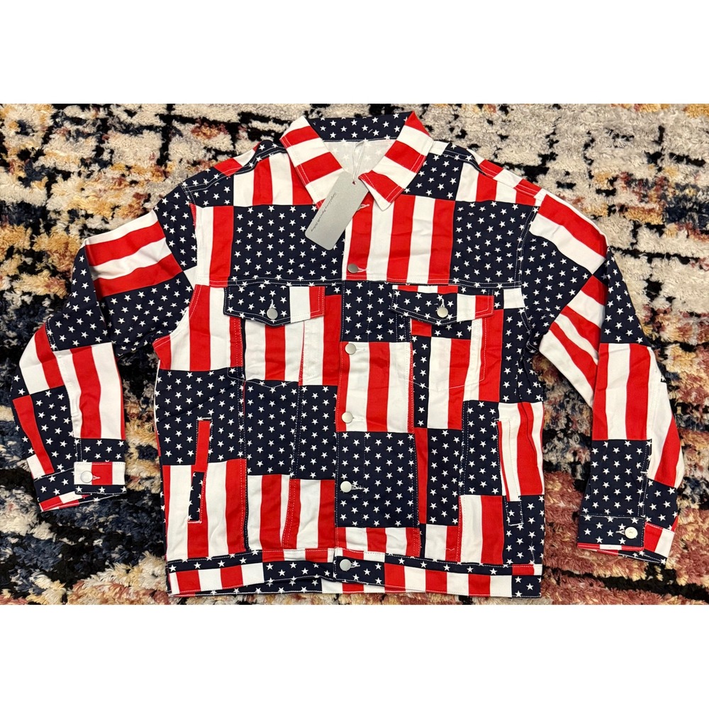 American Flag Patchwork Denim Trucker Jacket Stars Stripes Mens Medium July 4th